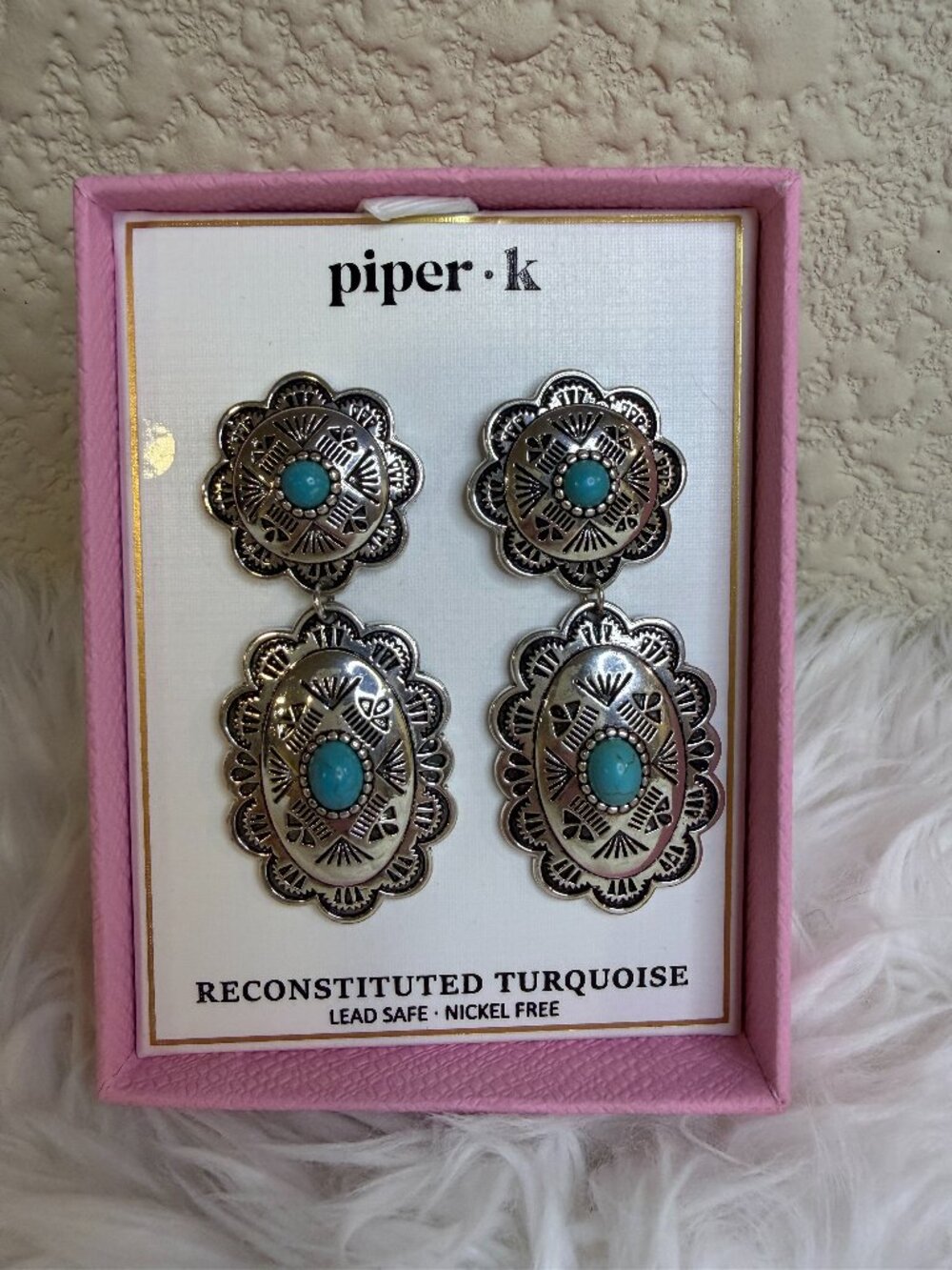 Piper K Turquoise Concho Drop Earrings Western Boho Silver Cowgirl NWT